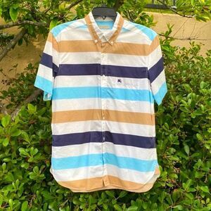 Burberry Boys Blue/Tan/White Striped Short Sleeve Button Down Shirt. Large. EUC!